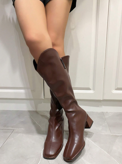 Bold V-Neck Tall Boots with Elastic Square Toe and Thick Heel