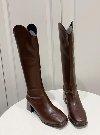 Bold V-Neck Tall Boots with Elastic Square Toe and Thick Heel